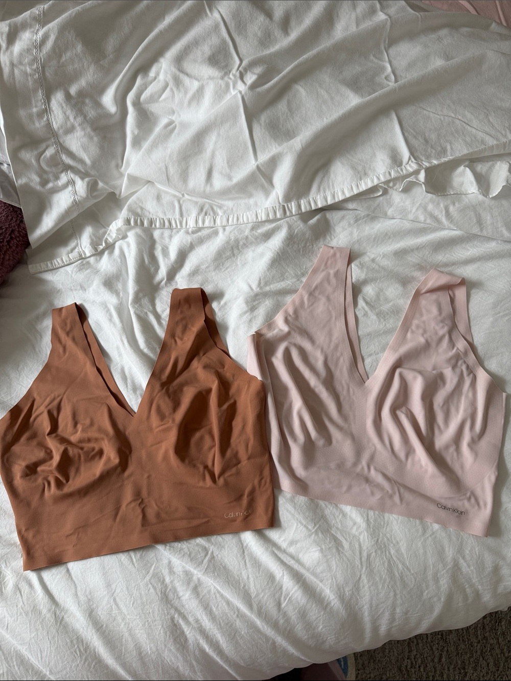 Calvin Klein Seamless V-Neck Bralettes in Dusty Pink and Rust Brown